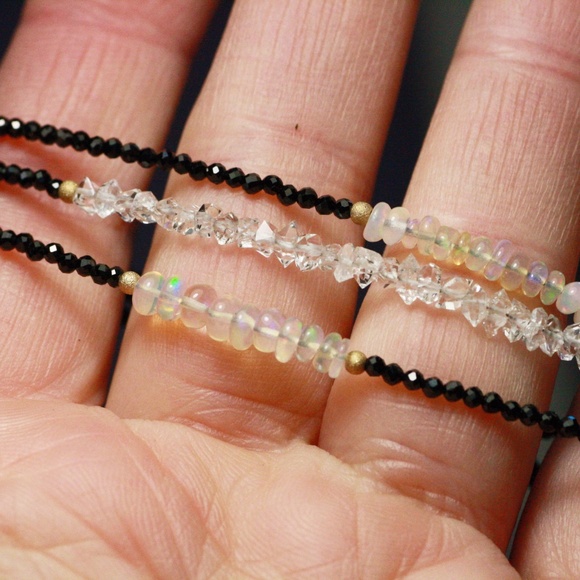 Black Spinel Opal, Herkimer Diamond Wrap Bracelet | Necklace 14k Gold Filled - Picture 5 of 7